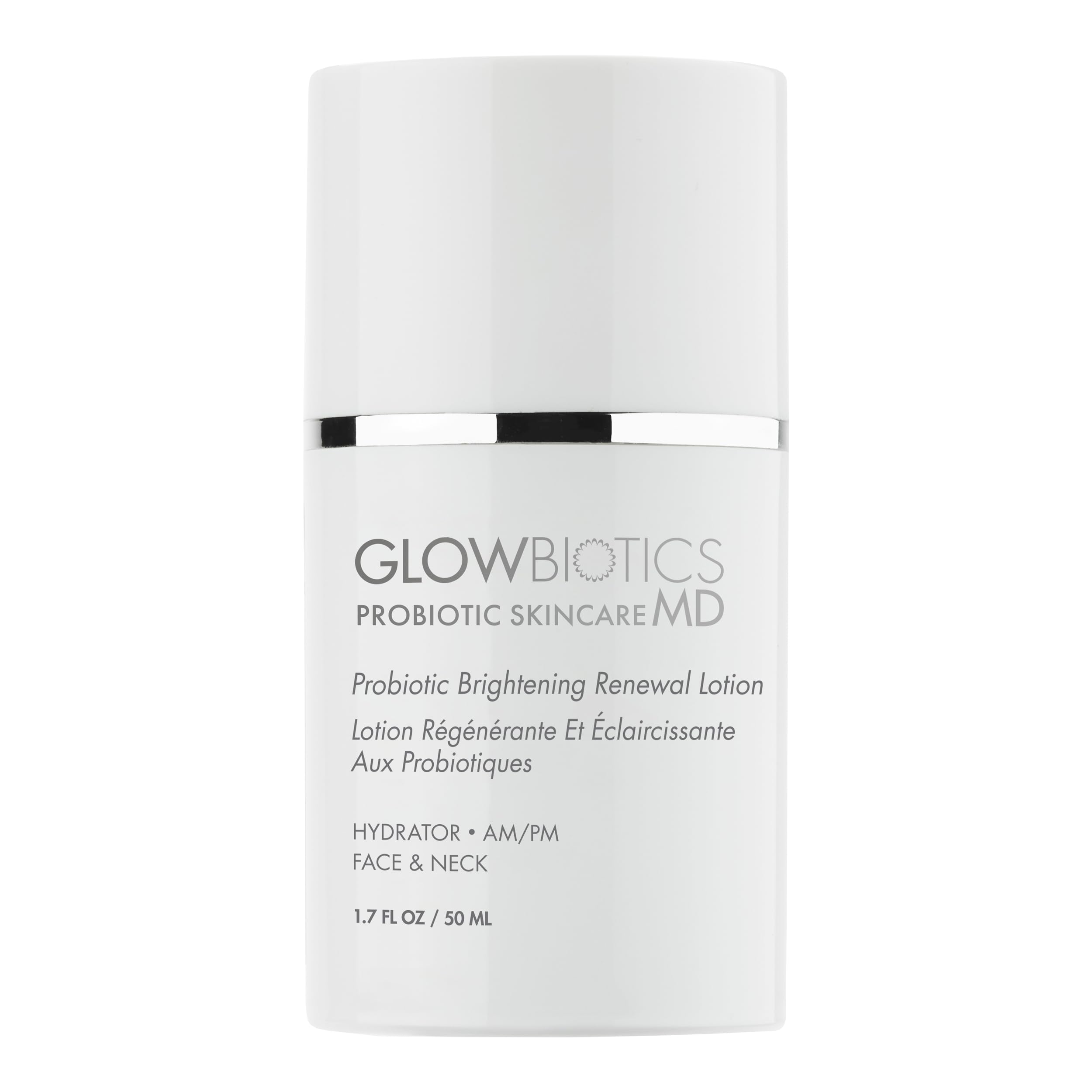 Glowbiotics Brightening Renewal Lotion bottle showcases a lightweight texture for daily hydration