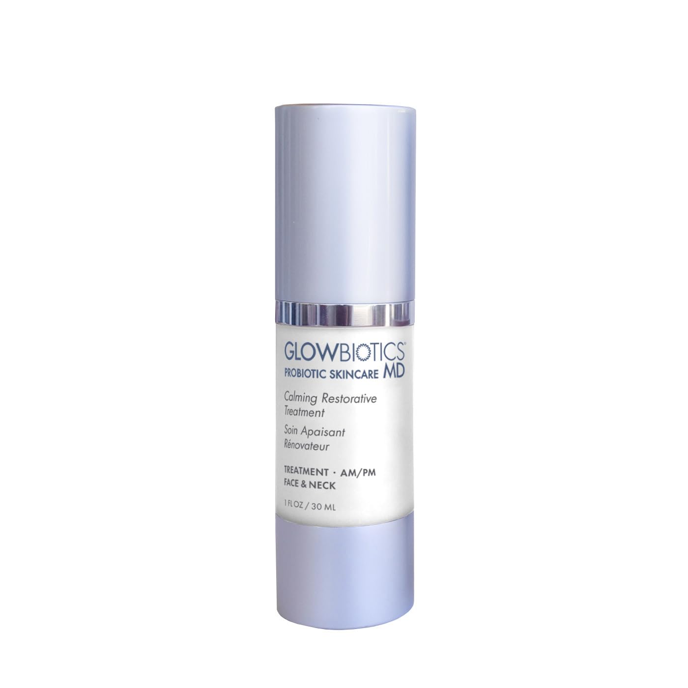 Glowbiotics Calming Restorative Treatment bottle closeup showing soothing, hydrating care for sensitive skin