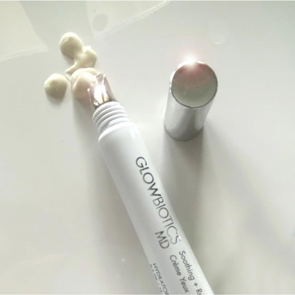 Glowbiotics eye cream being applied under the eye for refreshed, brighter appearance