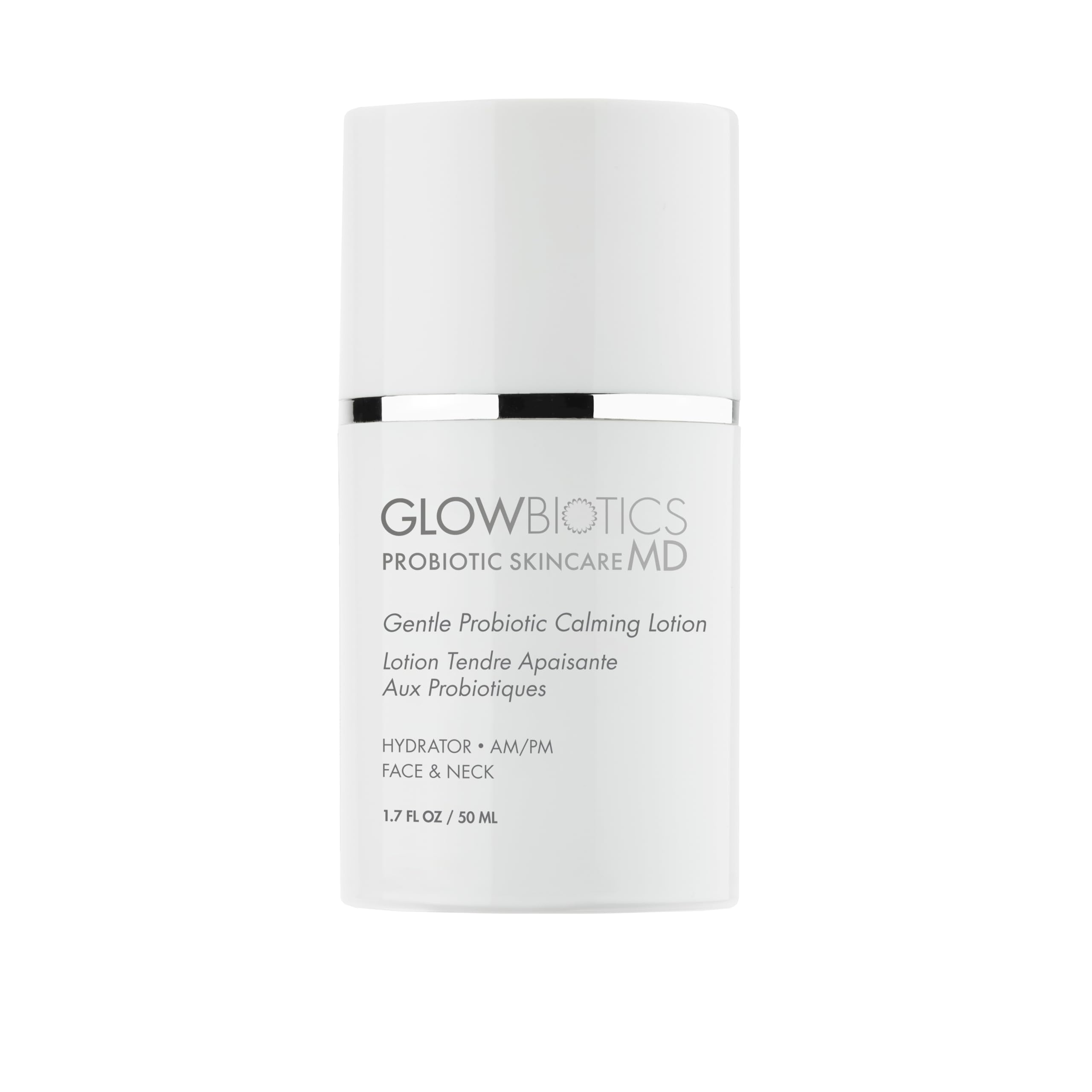 Glowbiotics Probiotic Calming Lotion bottle shows barrier-supporting formula for sensitive skin.
