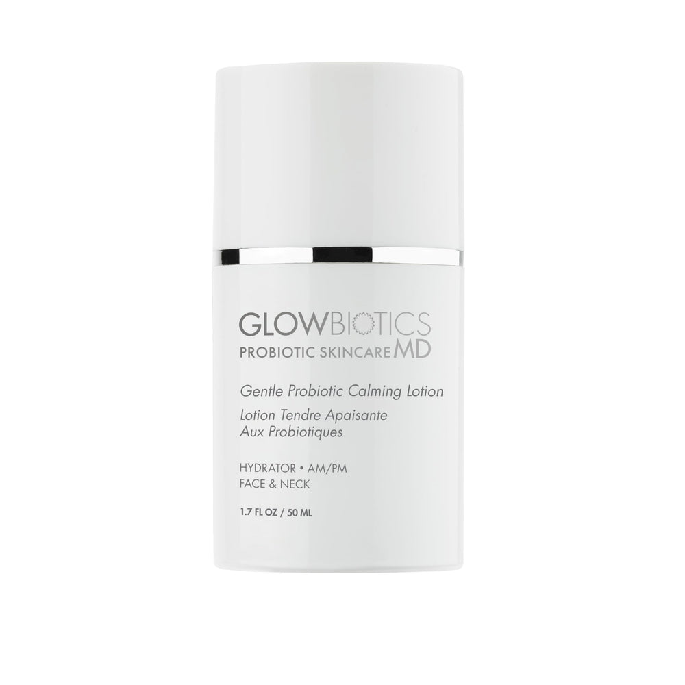 Glowbiotics Probiotic Calming Lotion bottle shows barrier-supporting formula for sensitive skin.