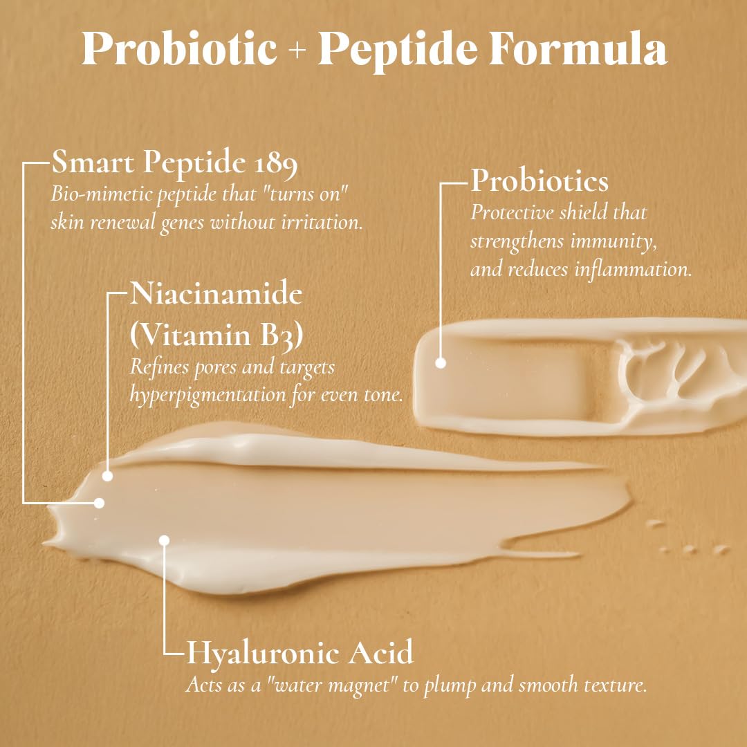Creamy Glowbiotics lotion close-up emphasizes ceramide-rich oils and smooth skin feel.