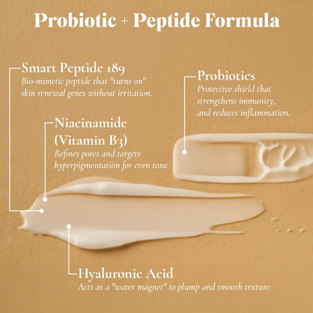 Creamy Glowbiotics lotion close-up emphasizes ceramide-rich oils and smooth skin feel.