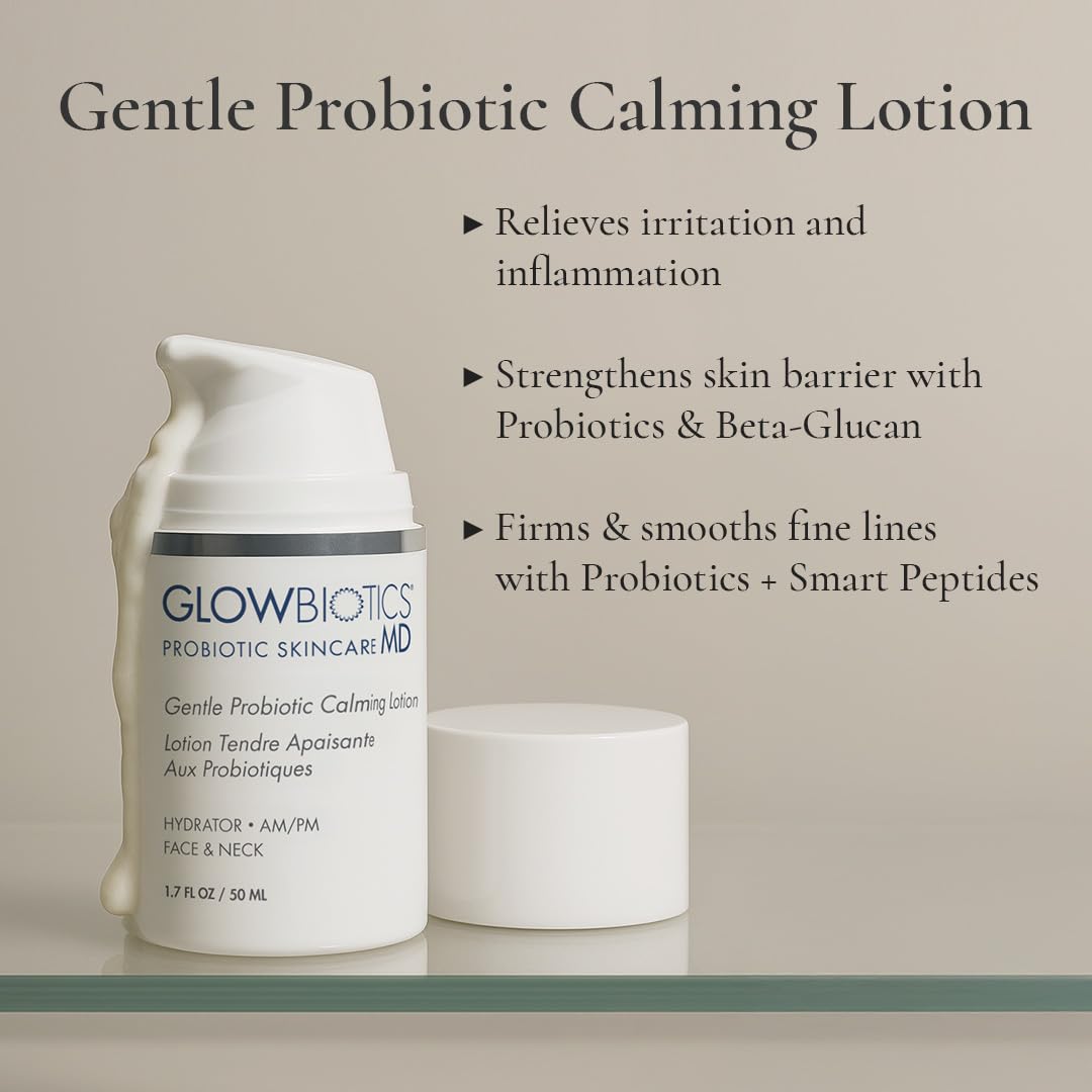 Hands applying Glowbiotics Probiotic Calming Lotion with a dewy finish.