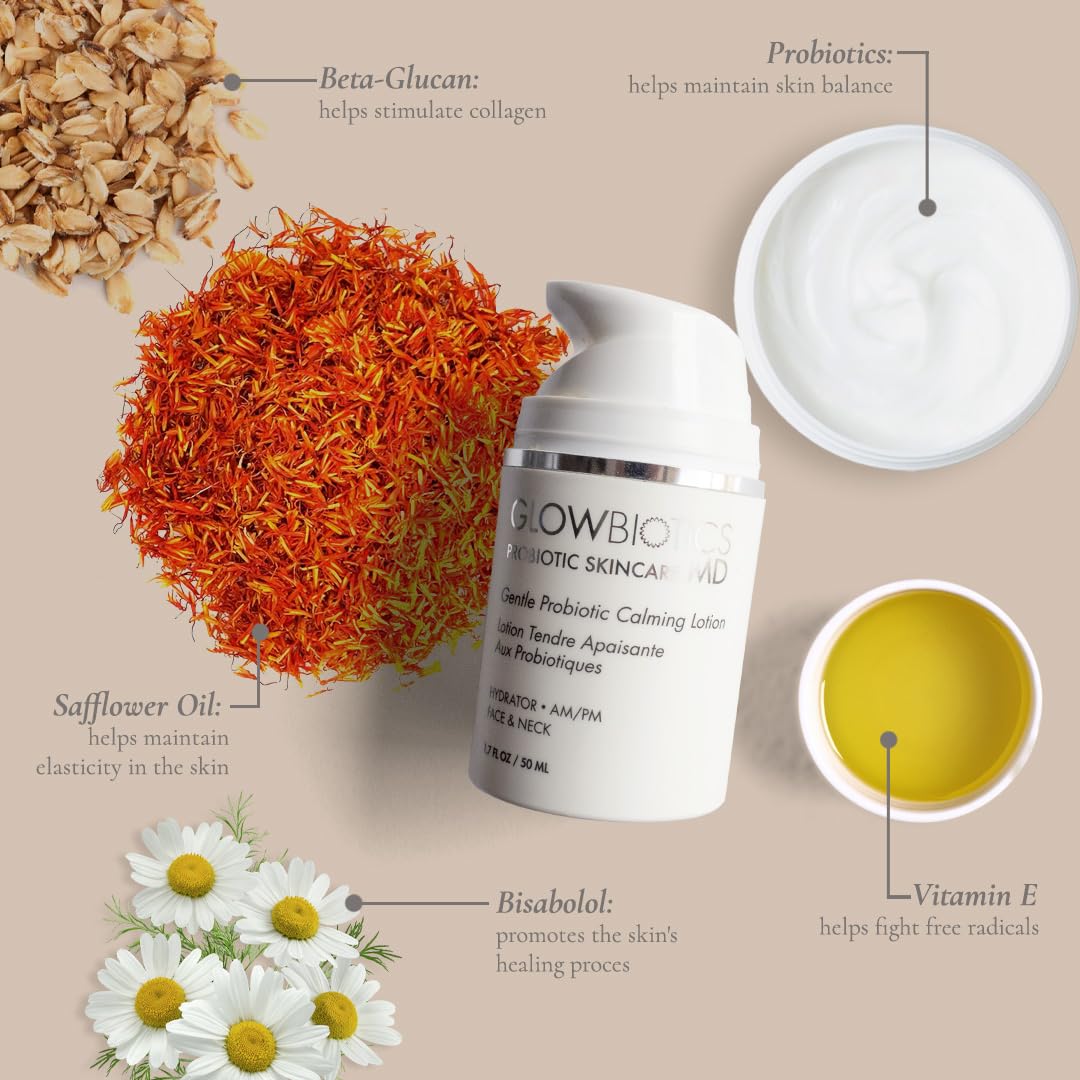 Soft glow on skin after applying Glowbiotics Calming Lotion.