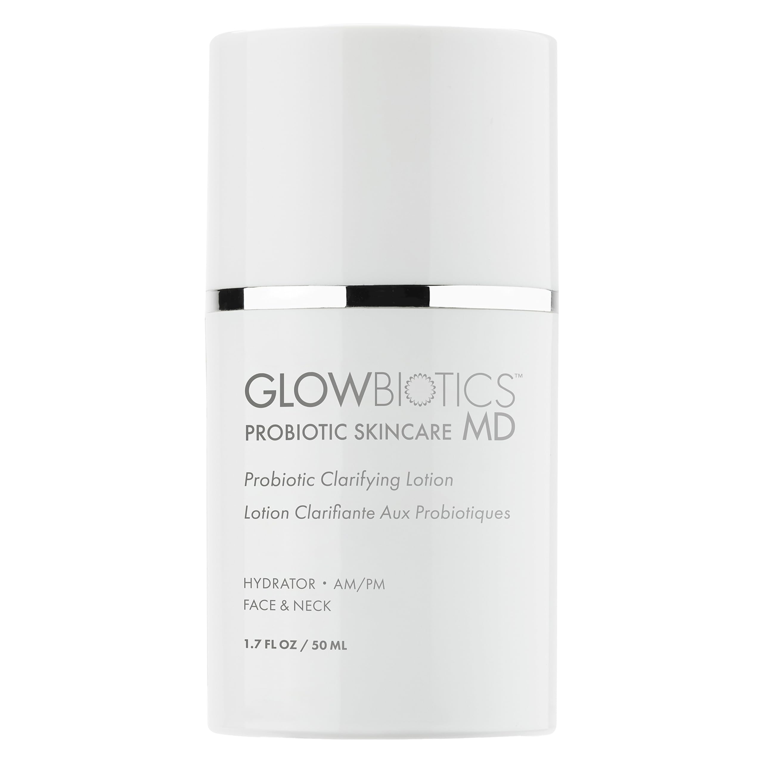 Glowbiotics Probiotic Clarifying Lotion bottle with pump delivering matte hydration for oily skin.