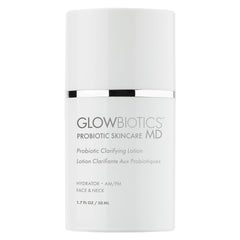 Glowbiotics Probiotic Clarifying Lotion bottle with pump delivering matte hydration for oily skin.