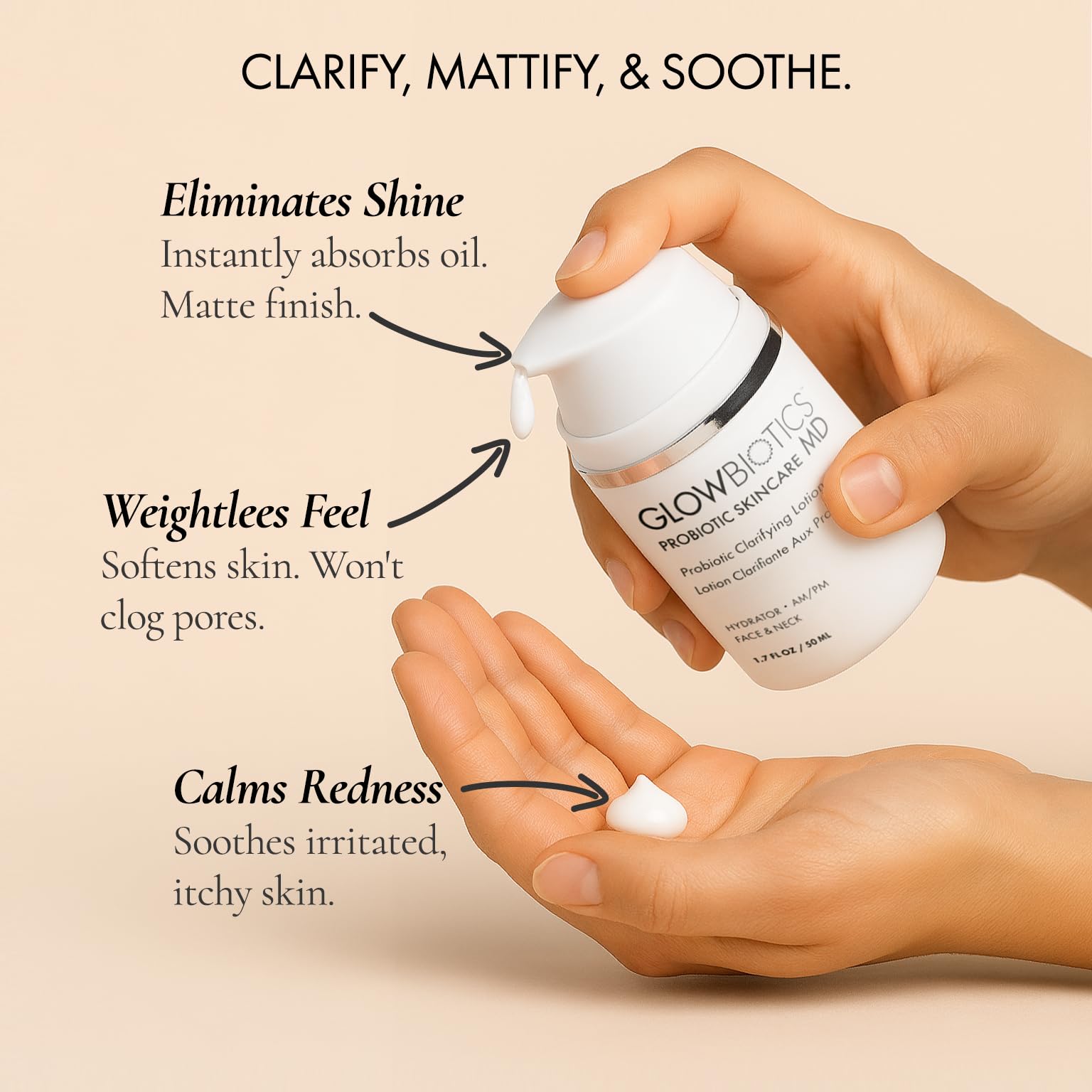 Glowbiotics Probiotic Clarifying Lotion demonstrates hyaluronic-acid hydration for plump, smooth skin.