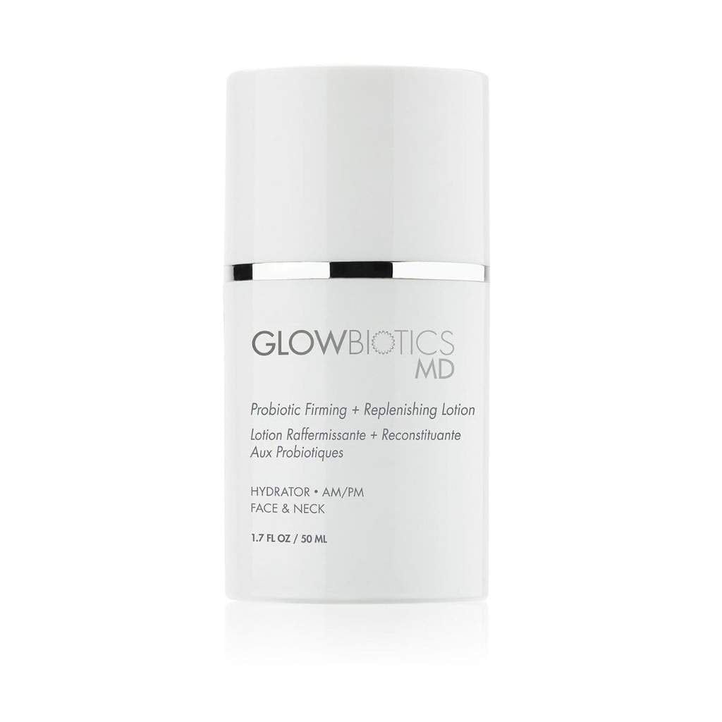 Glowbiotics probiotic firming bottle pour for easy morning hydration.