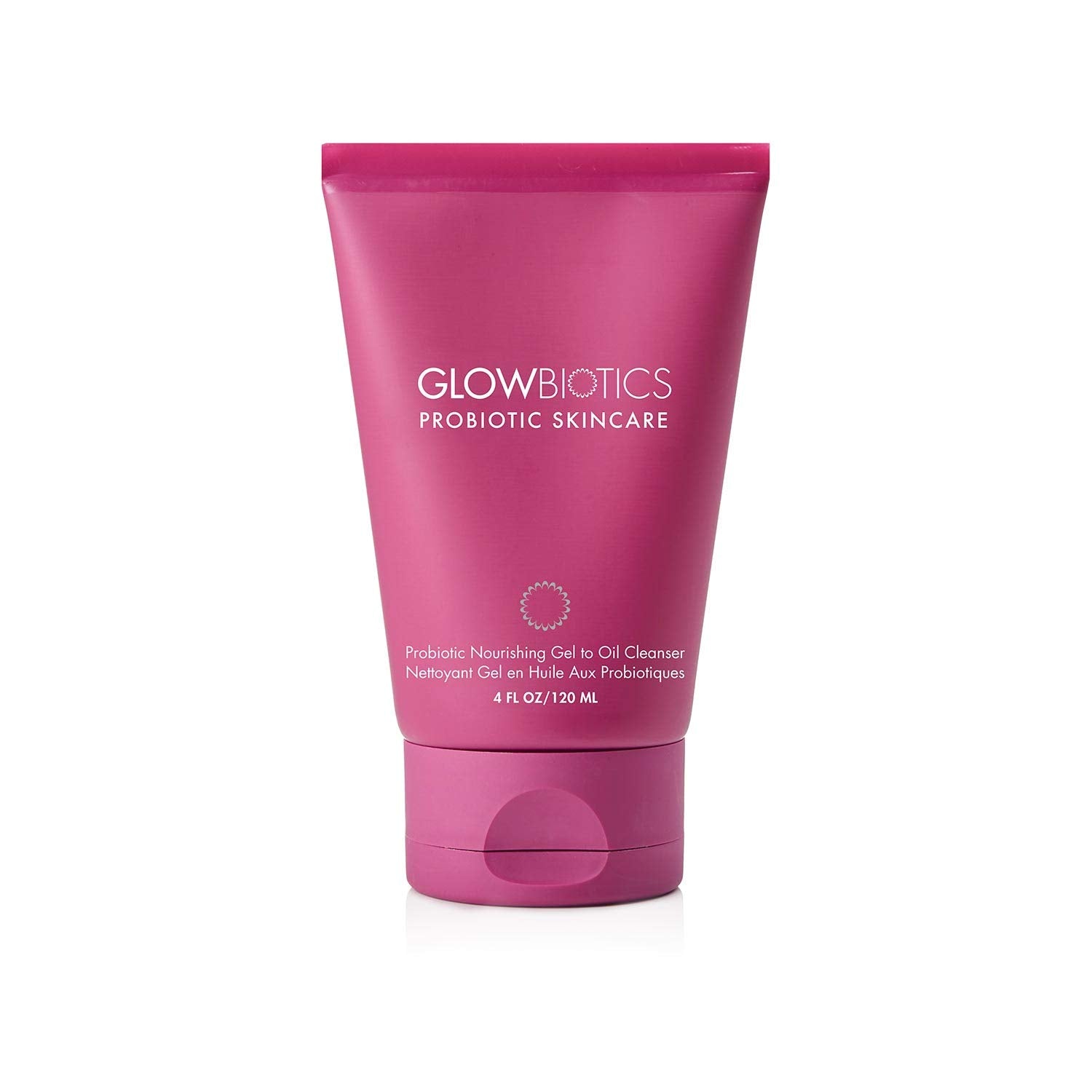 Glowbiotics probiotic gel-to-oil cleanser removes makeup and sunscreen gently while preserving moisture.