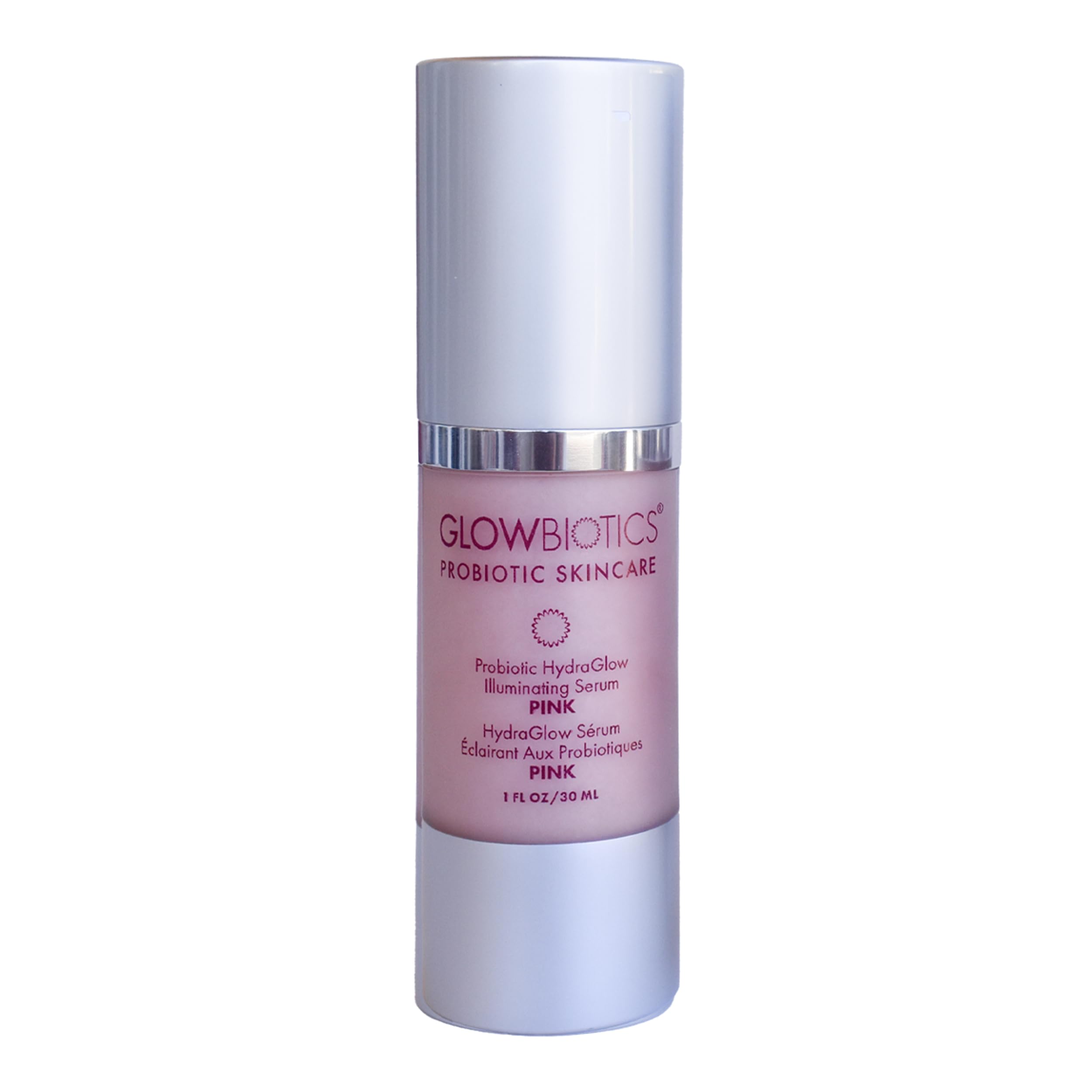 Glowbiotics Hydraglow – bouteille rose, hydratation lumineuse pour la peau.
