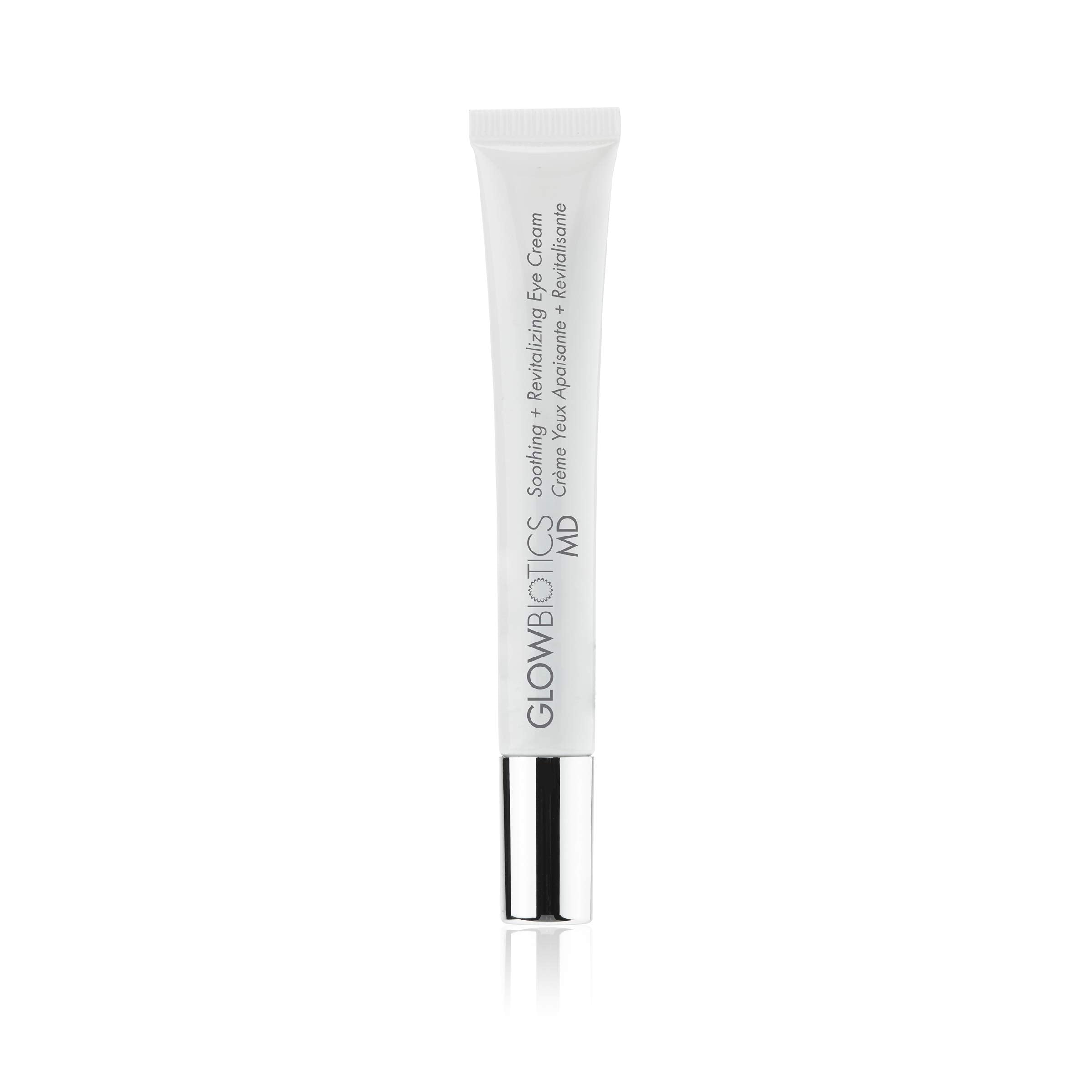 Glowbiotics soothing eye cream jar showing hydrating, cooling formula for the delicate eye area