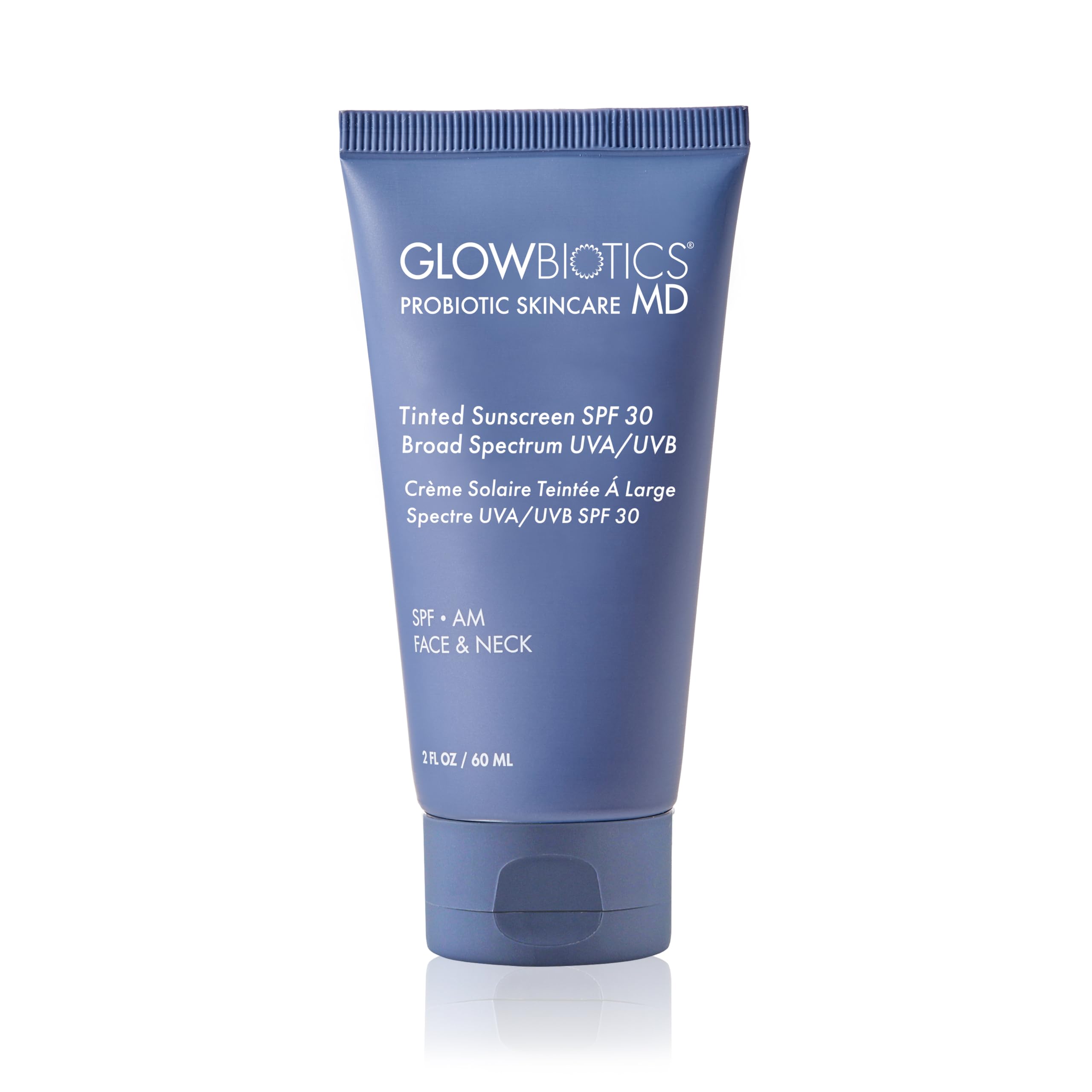 Glowbiotics tinted reef-safe sunscreen bottle with SPF 30 for daily protection.