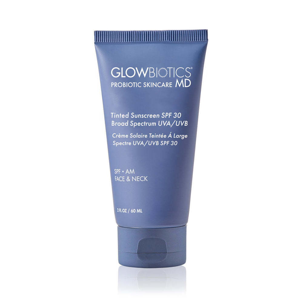 Glowbiotics tinted reef-safe sunscreen bottle with SPF 30 for daily protection.