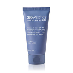 Glowbiotics tinted reef-safe sunscreen bottle with SPF 30 for daily protection.