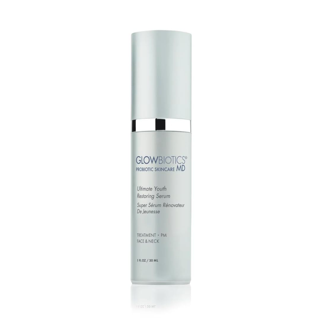 Glowbiotics Ultimate Youth 5-in-1 serum bottle showing anti-aging performance and soothing probiotics.