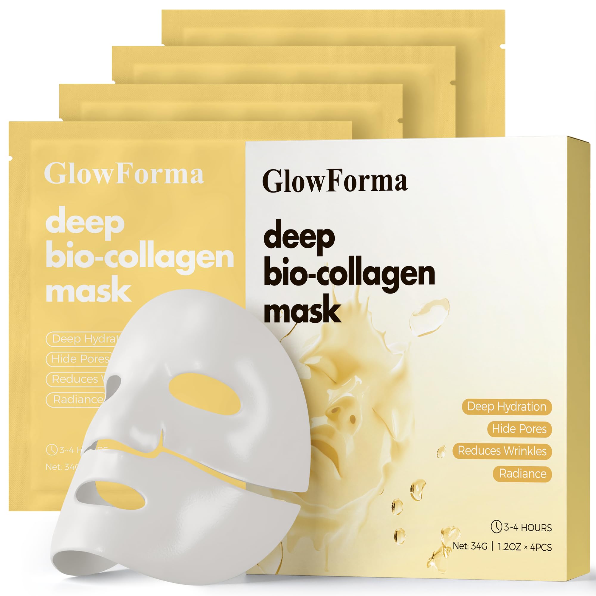 GlowForma bio-collagen mask packaging highlights premium hydration and ease of use.