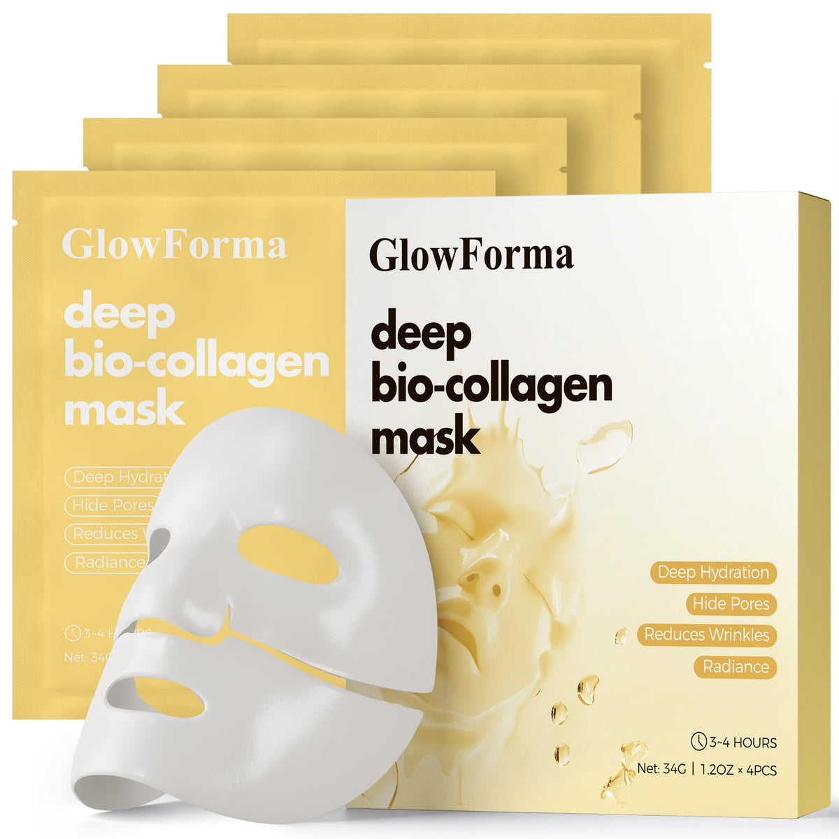 GlowForma bio-collagen mask packaging highlights premium hydration and ease of use.