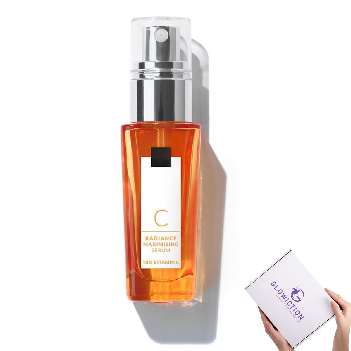 Glowiction Radiance Serum bottle highlights 10% vitamin C for a bright complexion.
