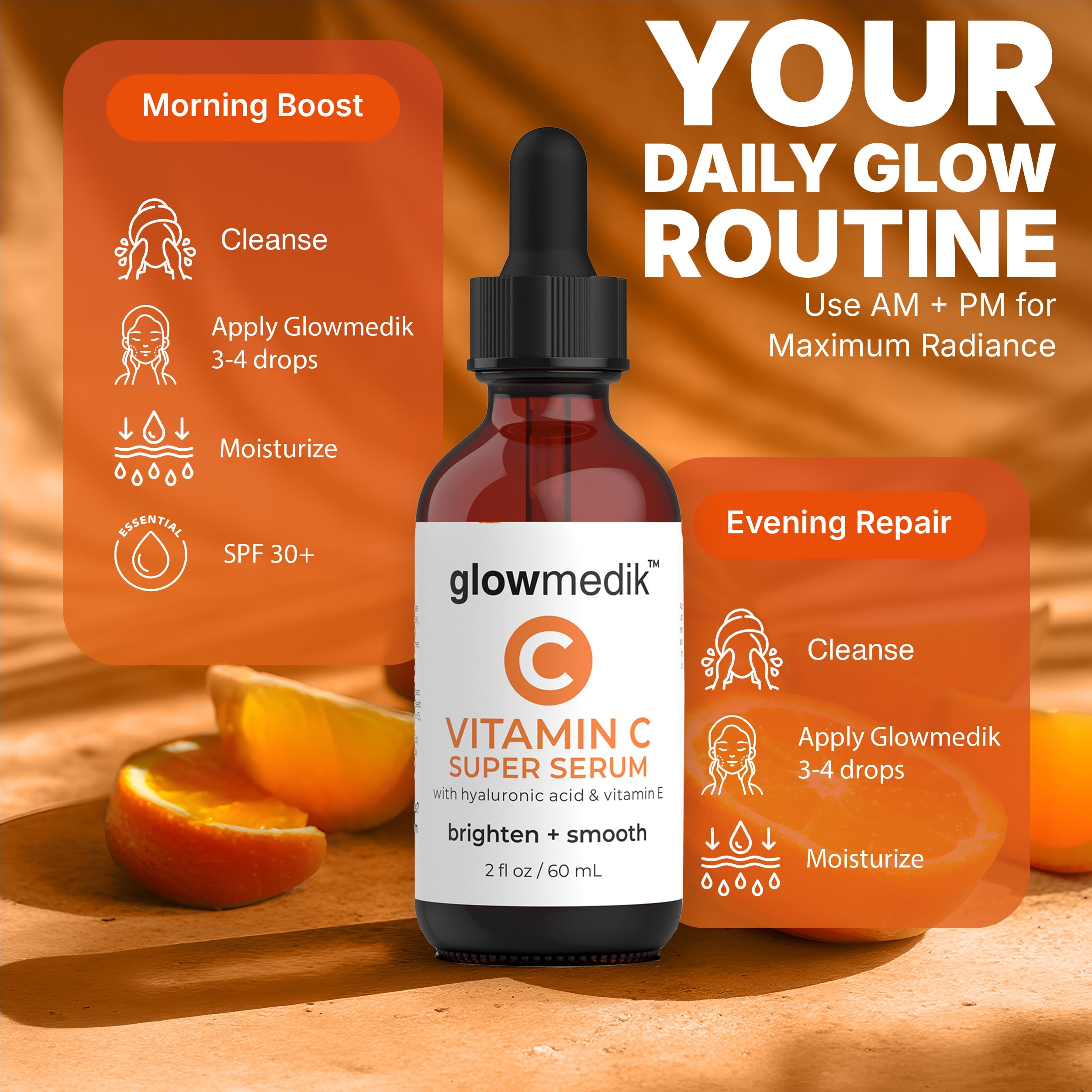 GlowMedik Vitamin C Serum ingredient illustration highlighting hyaluronic acid MSM