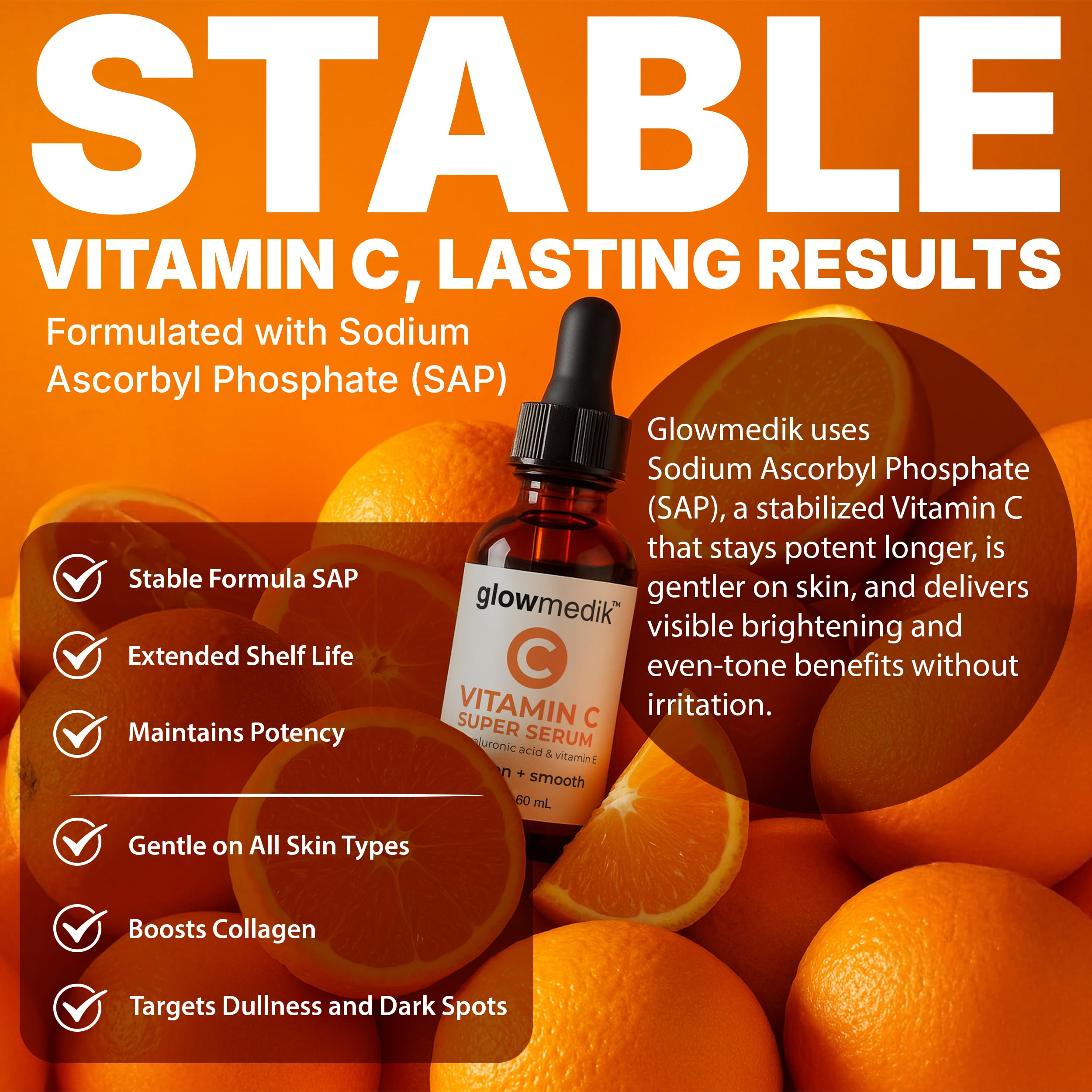 GlowMedik Vitamin C Serum bottle close-up highlighting stabilized vitamin C