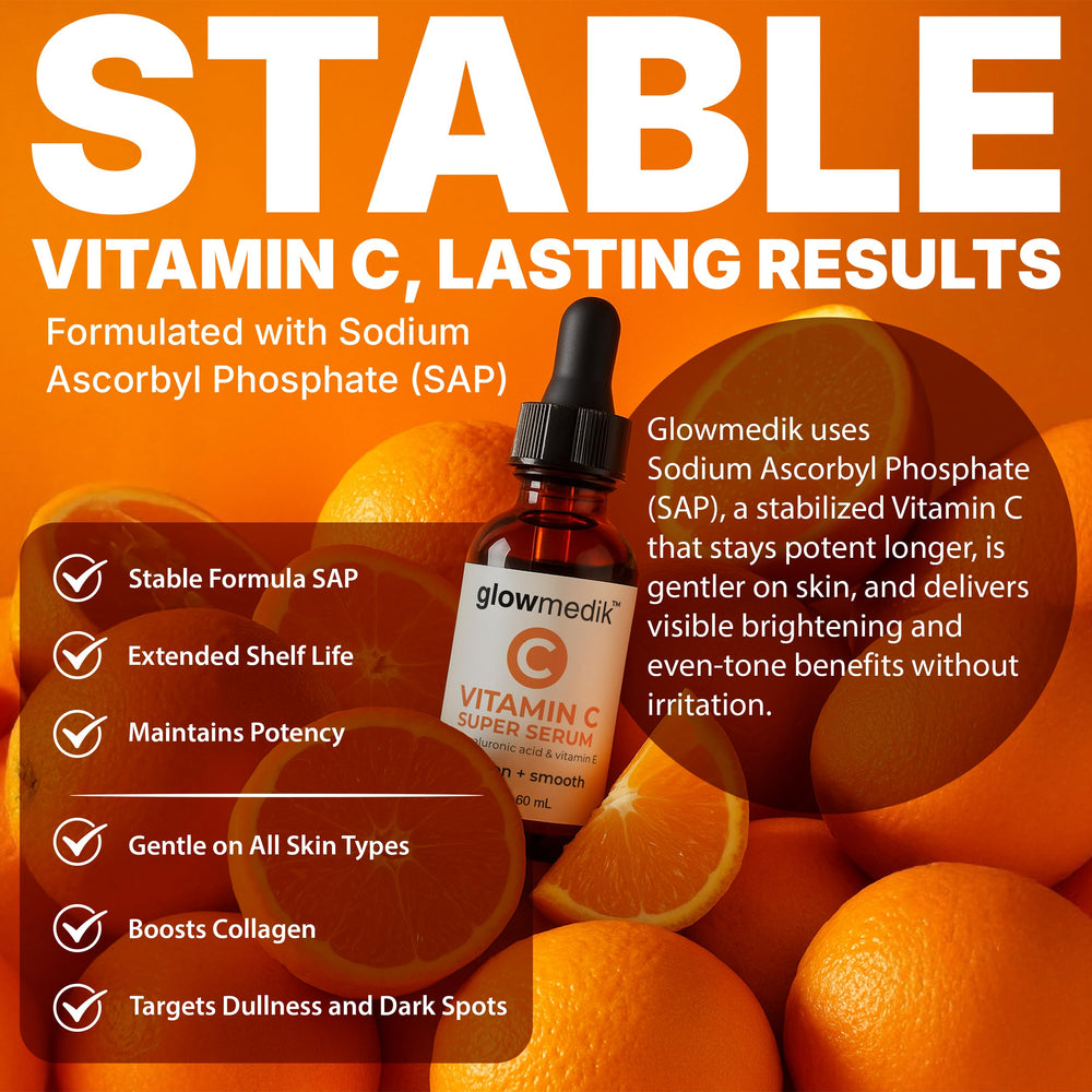 GlowMedik Vitamin C Serum bottle close-up highlighting stabilized vitamin C