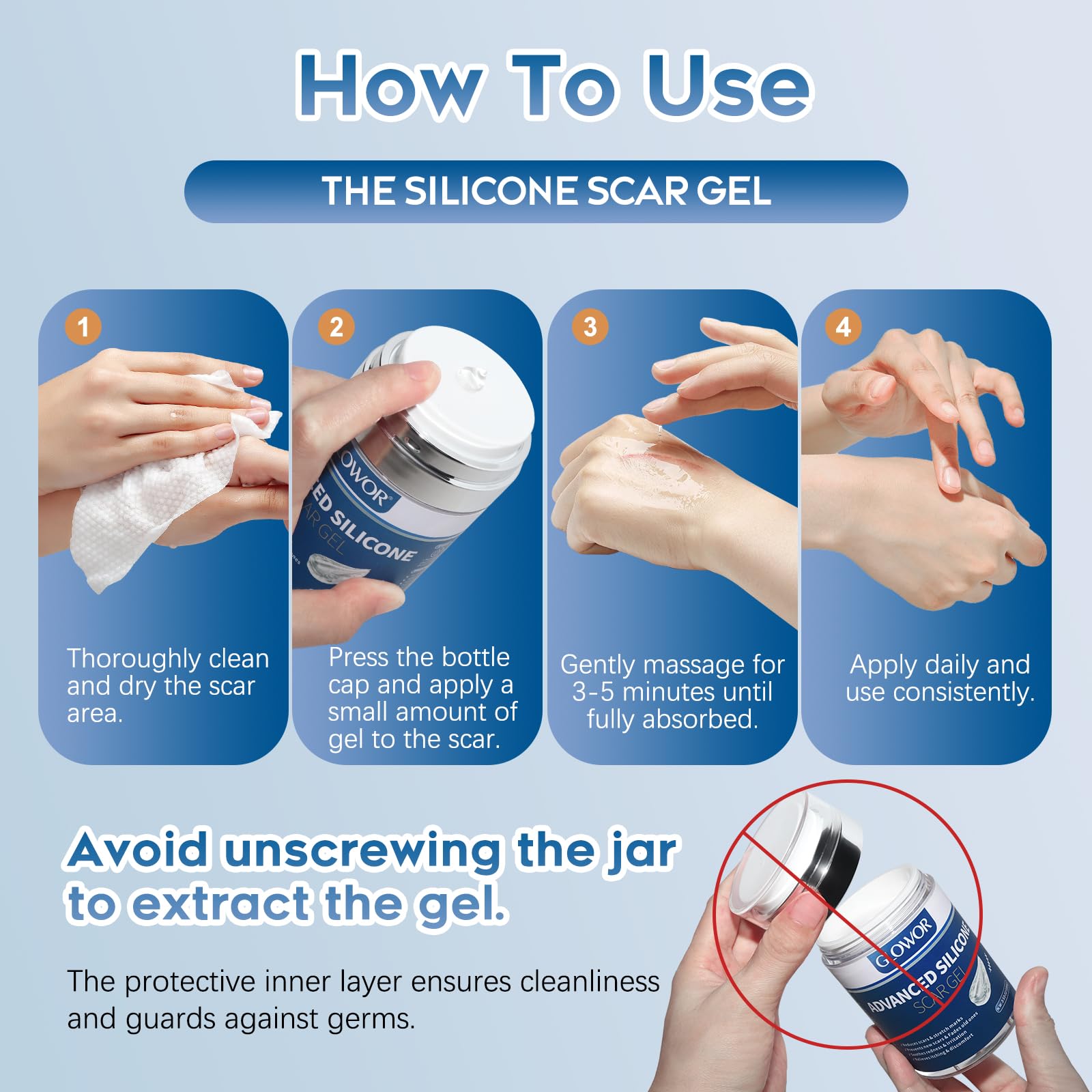 Glowor silicone scar gel on the face for gentle application