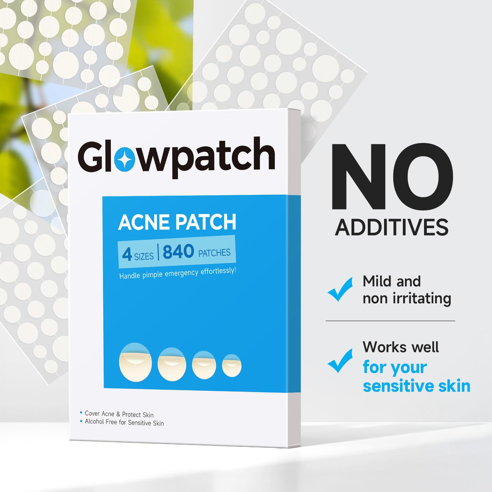 Glowpatch packaging highlights 840-count value and freshness.