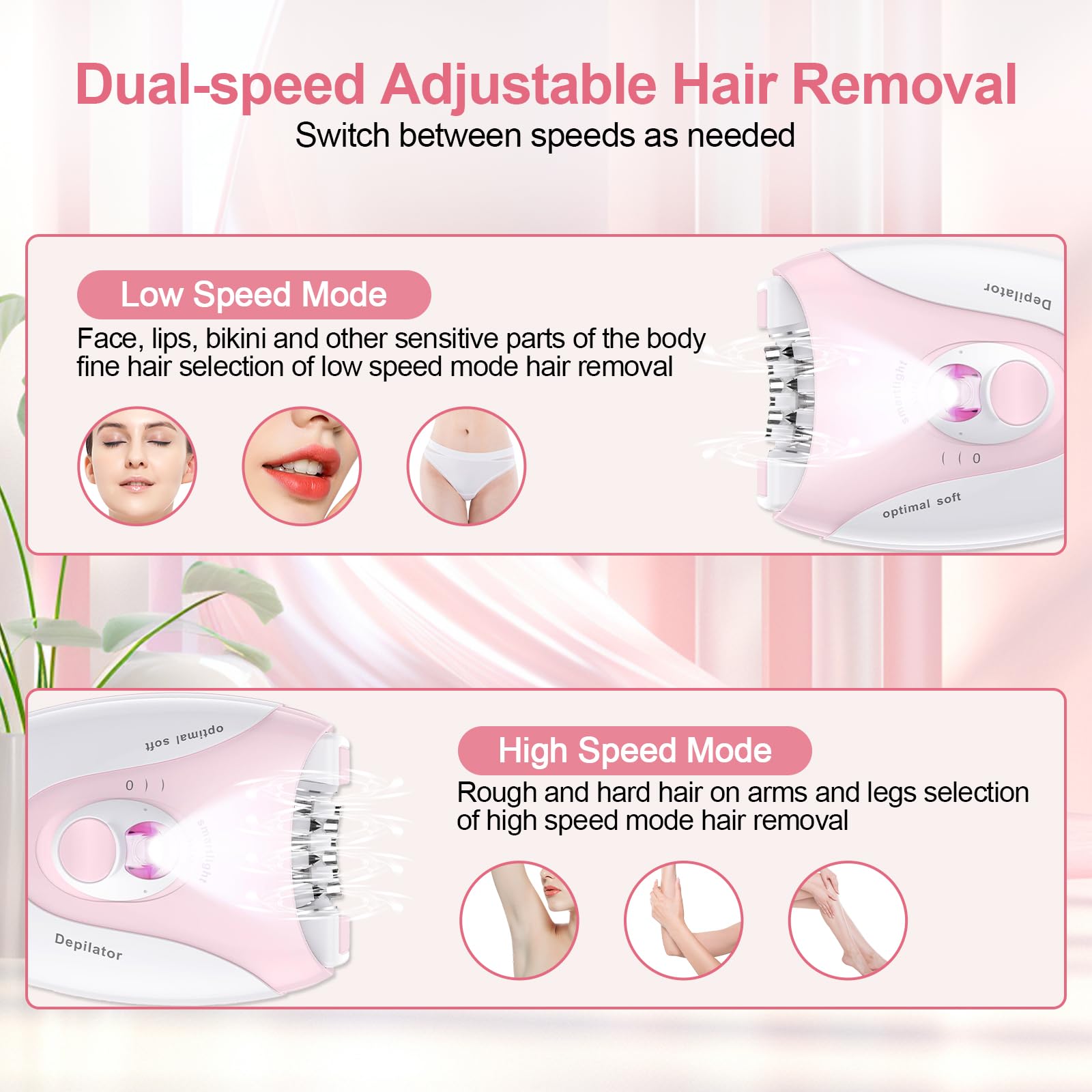 Glowshave Smooth Glide dual-speed switch enabling gentle or powerful epilation