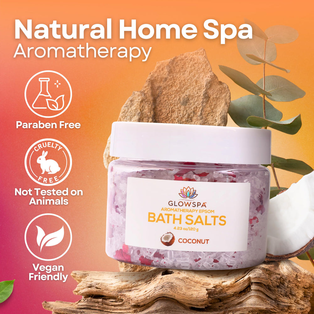 GlowSPA coconut fragrance bath salts delivering tropical aroma and hydration
