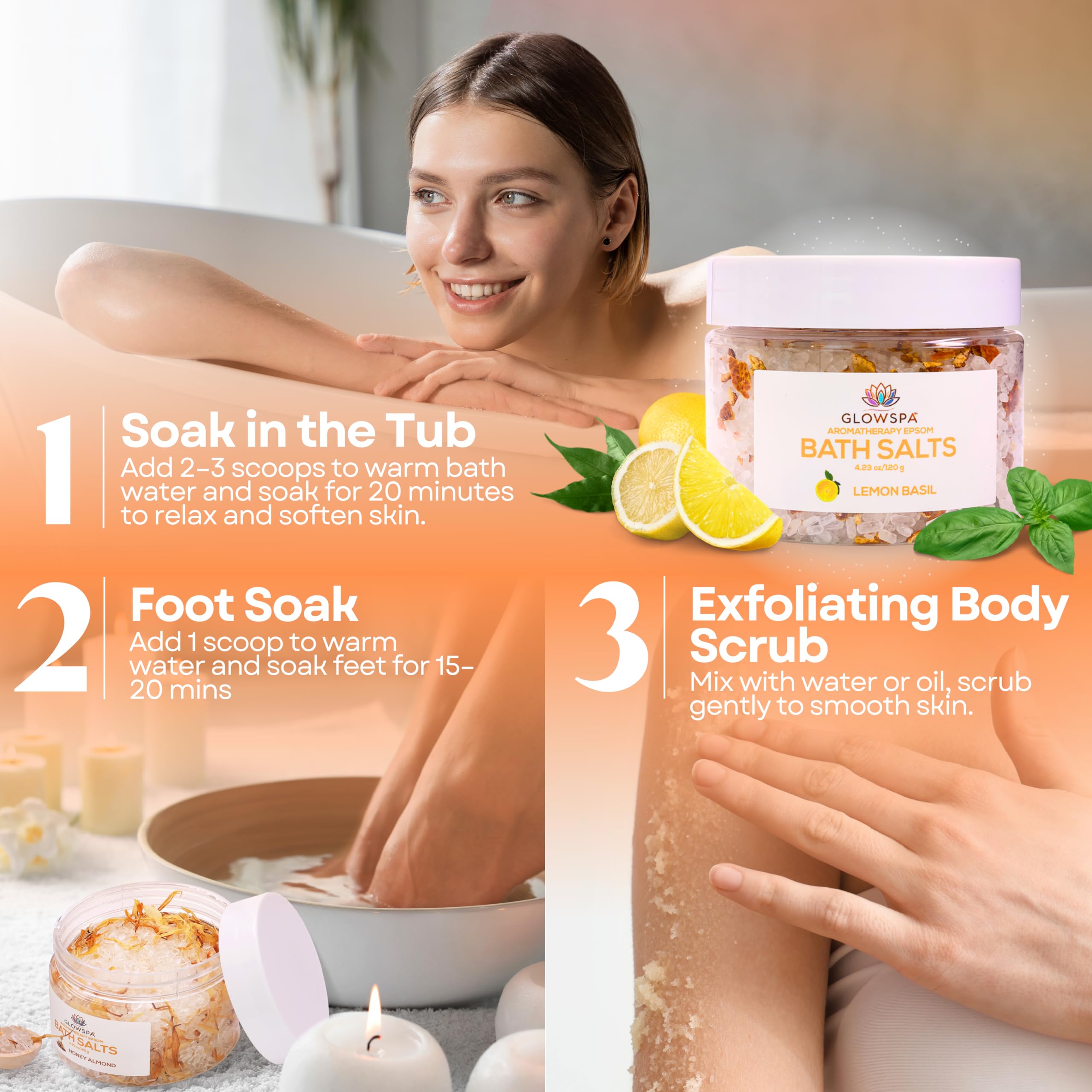 GlowSPA orange zest bath salts for a bright, uplifting soak