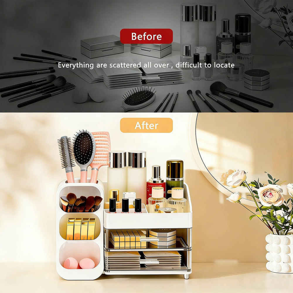 Glowspire makeup organizer with clear drawers helps quick item locating.