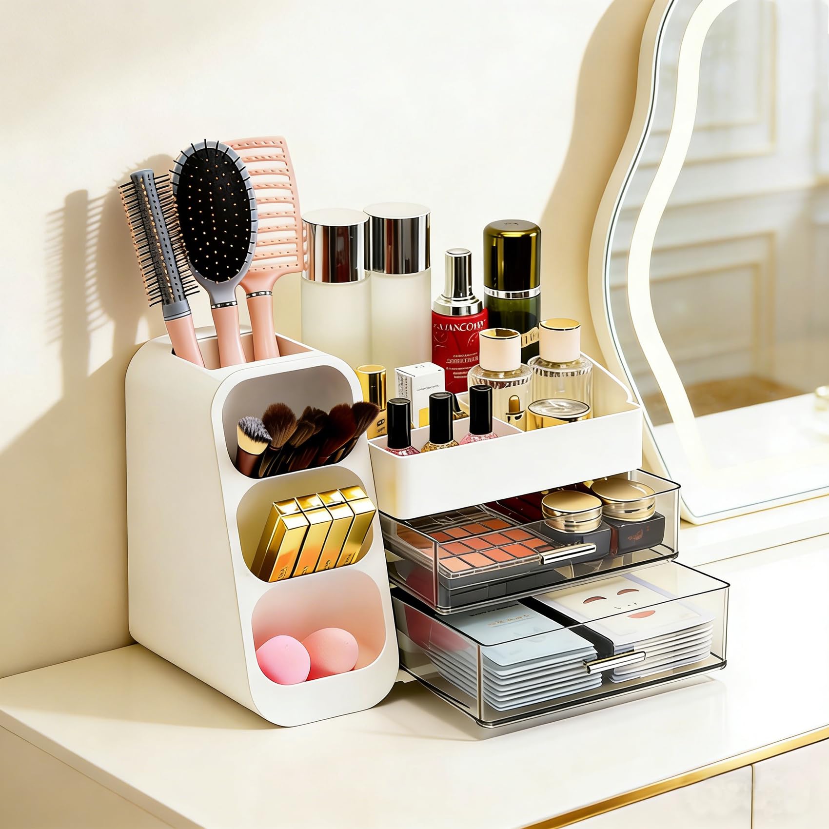 Glowspire makeup organizer drawers provide spacious storage for palettes and essentials.