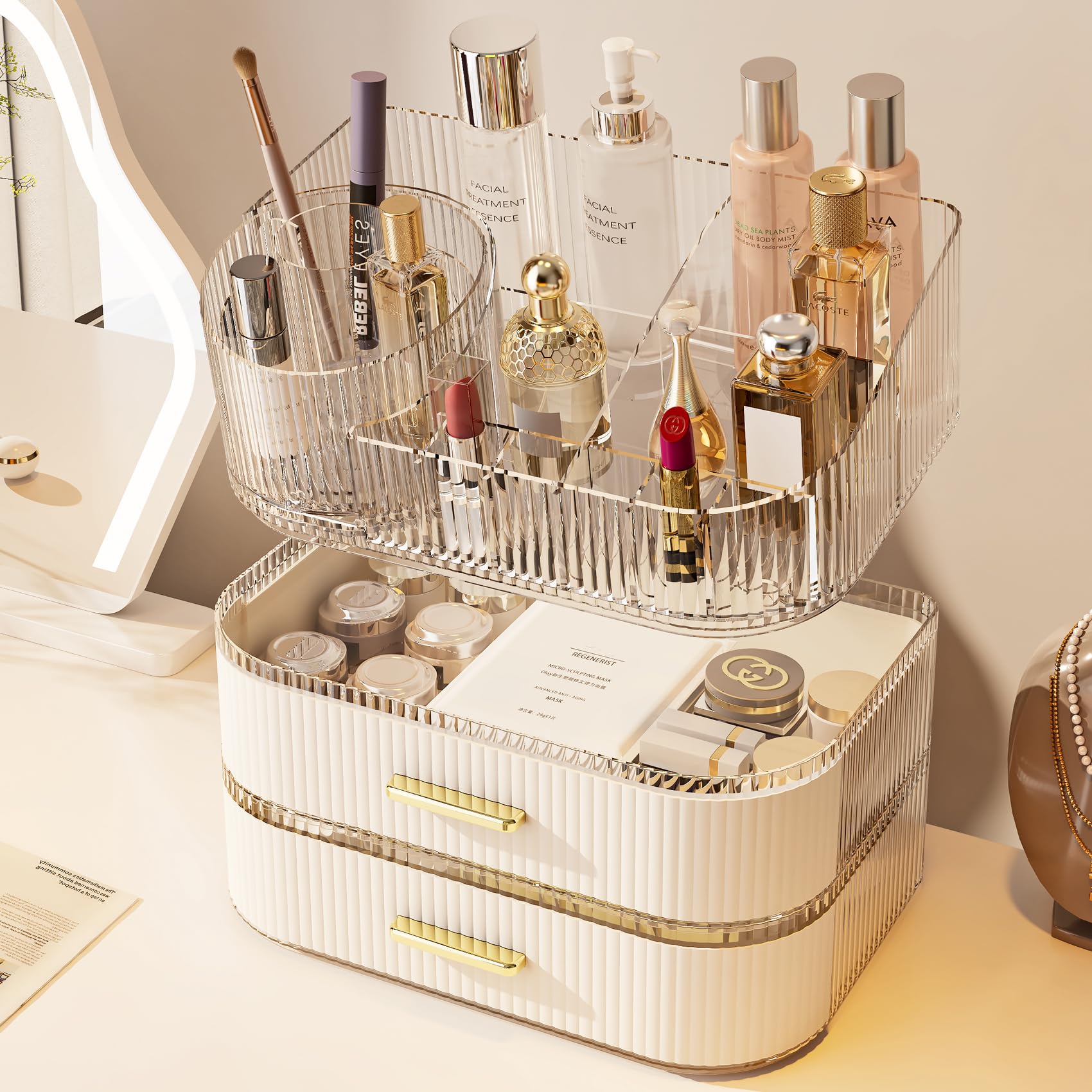 Glowspire makeup organizer in clear acrylic shows products while staying durable and easy to wipe clean.