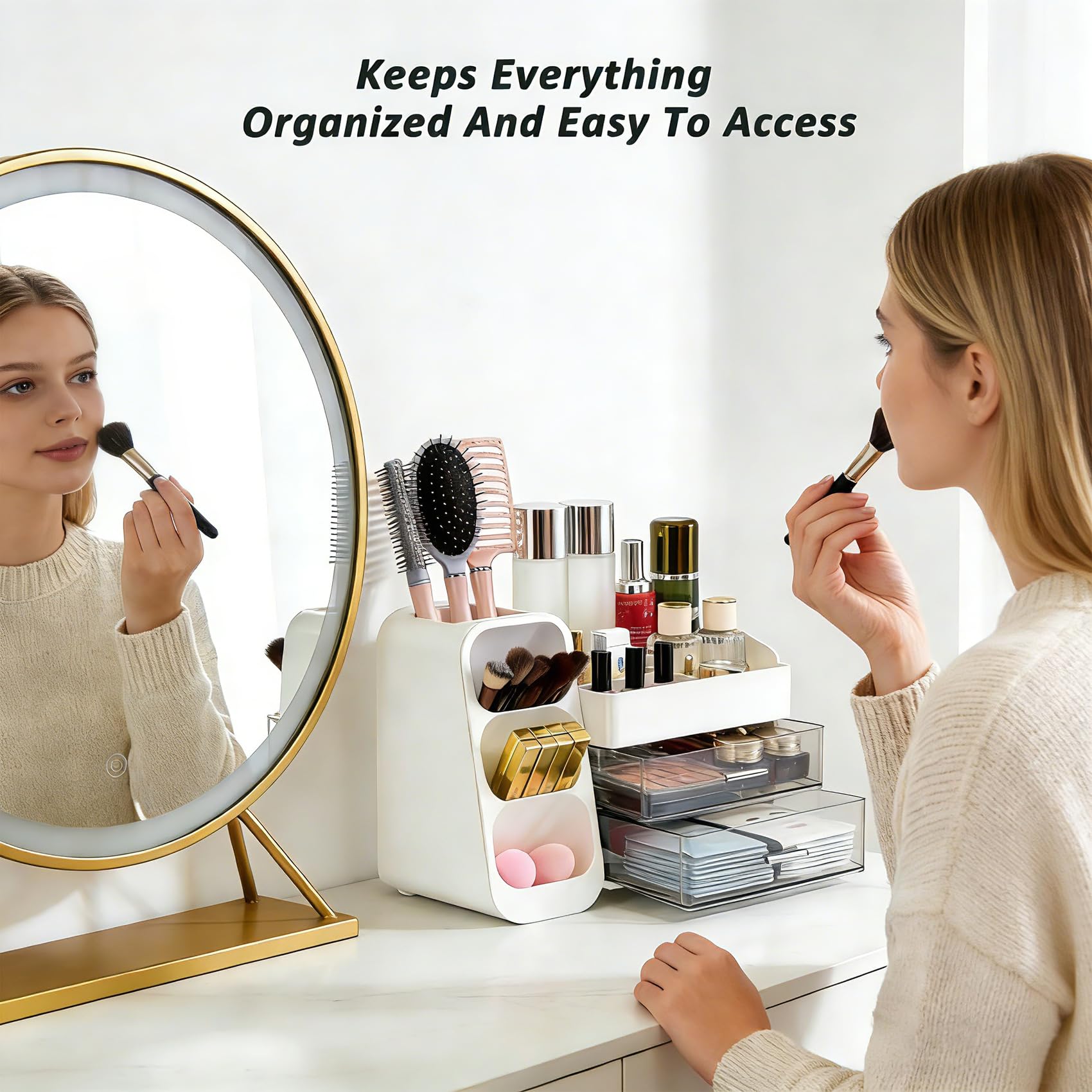 Glowspire makeup organizer modern design complements vanity setups.
