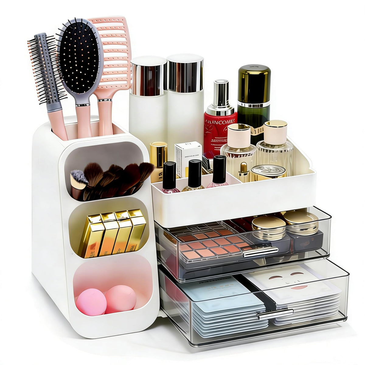 Glowspire makeup organizer top compartment for accessible cosmetics storage.