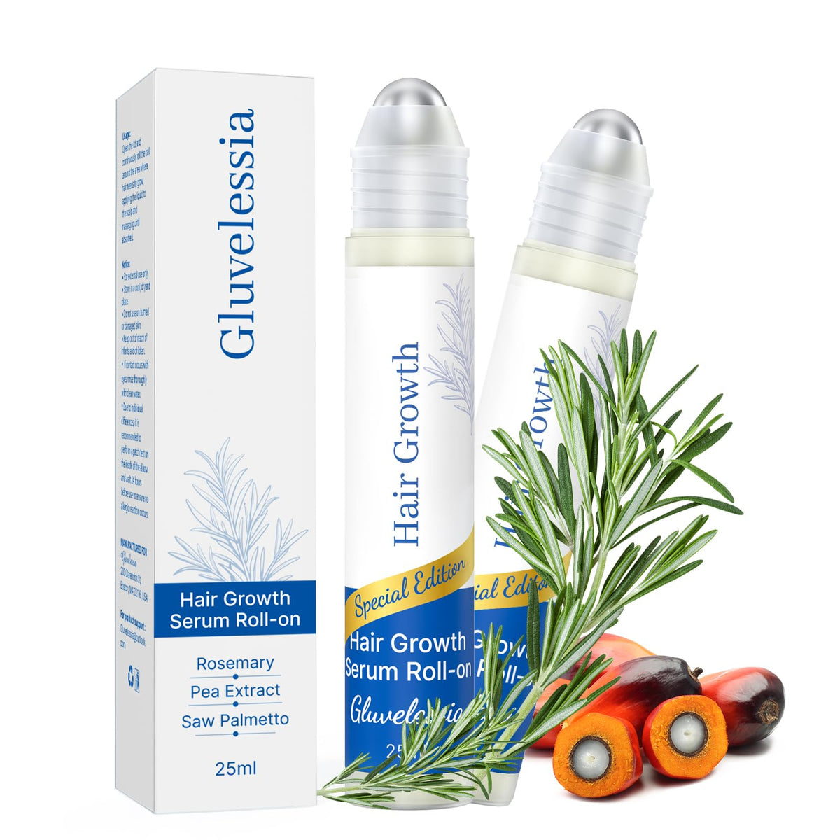 Gluvelessia Rosemary Hair Growth Serum Roll-On bottle for targeted scalp care.