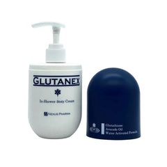 Glutanex In-Shower Body Cream being applied for silky, hydrated skin in minutes.
