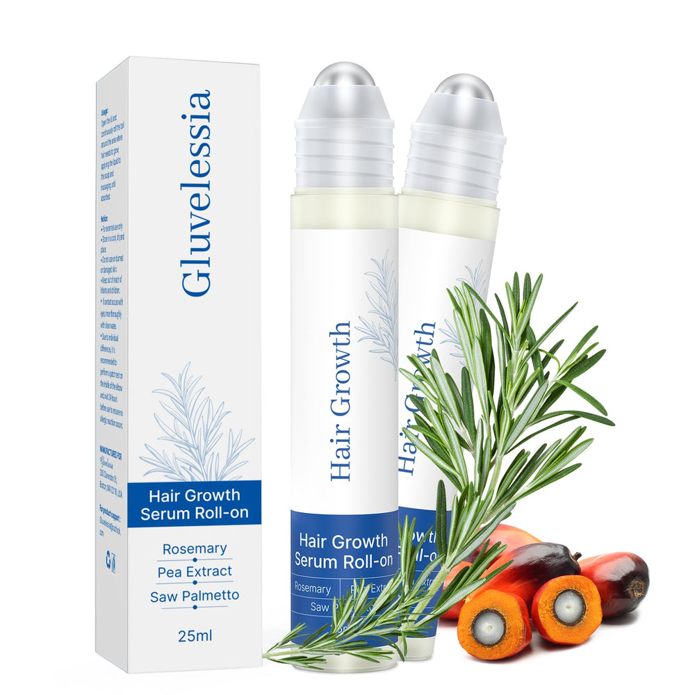 Gluvelessia hair growth serum roll-on bottle with rosemary for thicker-looking hair