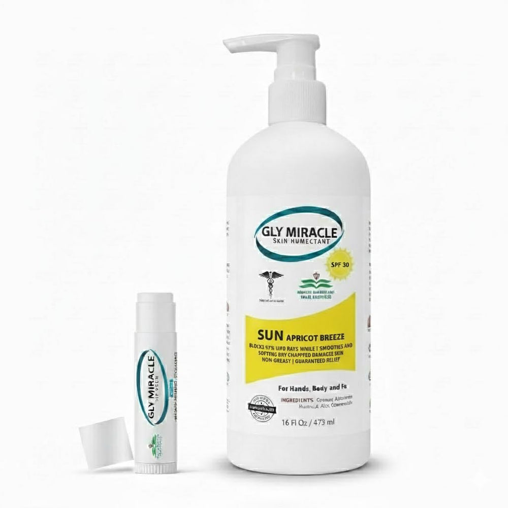 GLY MIRACLE Sun Hydrating Lotion SPF 30 Apricot Breeze pump for quick hydration.