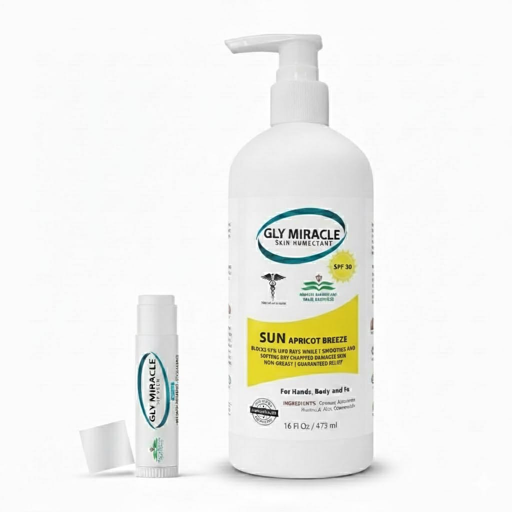 GLY MIRACLE Sun Hydrating Lotion SPF 30 Apricot Breeze pump for quick hydration.