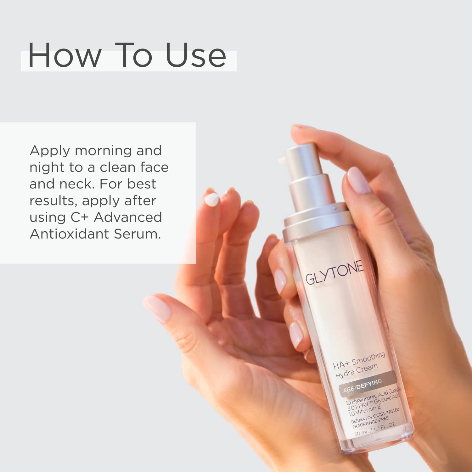 GLYTONE Age-Defying HA+ HA+ on-skin application displaying hydration and glow