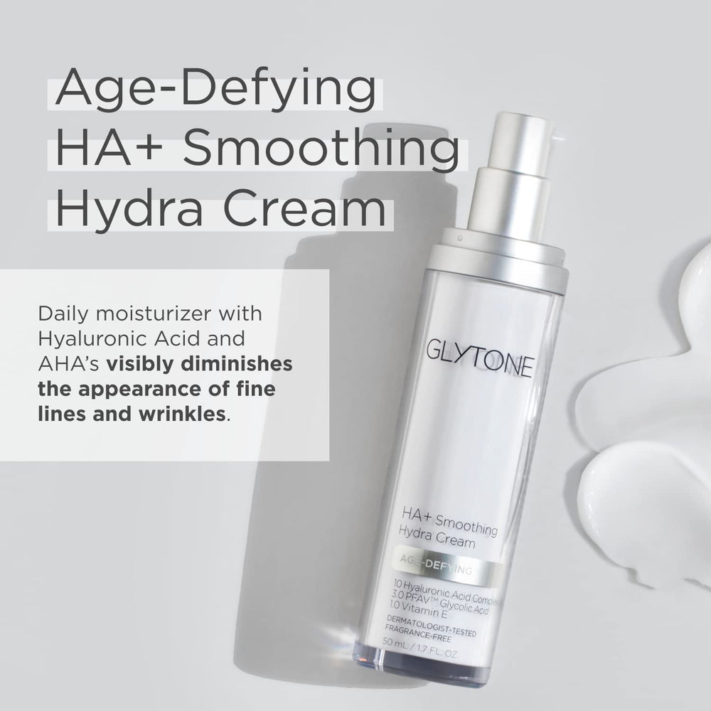 GLYTONE Age-Defying HA+ smoothing Hydra Cream dispenser pump showing easy application