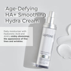 GLYTONE Age-Defying HA+ smoothing Hydra Cream dispenser pump showing easy application