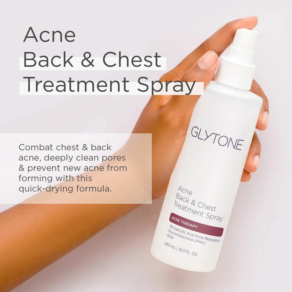 Glytone bacne spray bottle delivering precise mist coverage on back and shoulders.