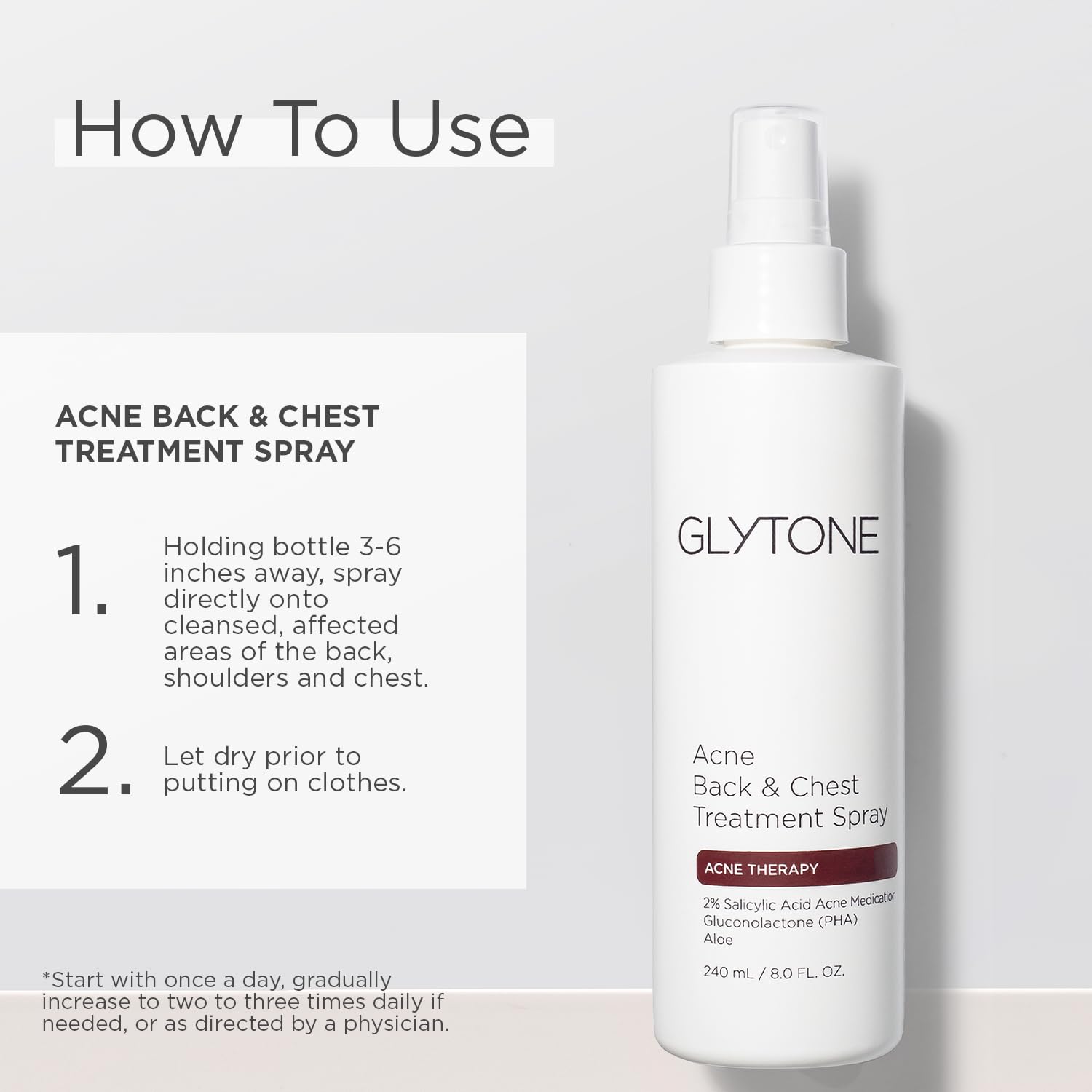 Glytone bacne spray centella asiatica ingredient supports gentle skin renewal.