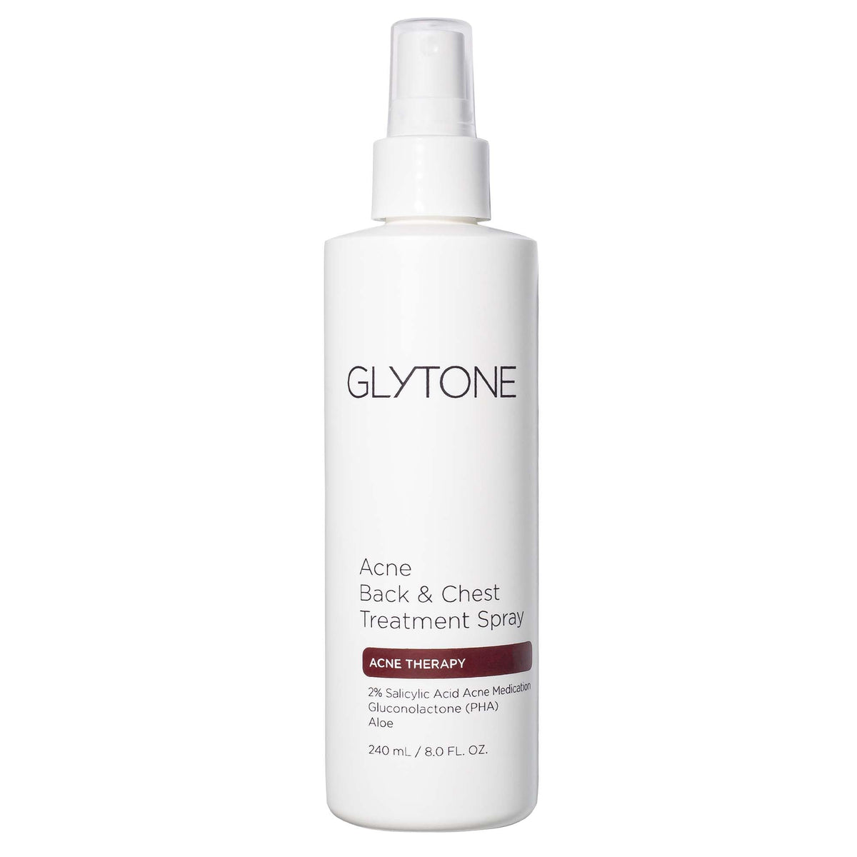 Glytone chest and back acne spray with upside-down pump for easy application.