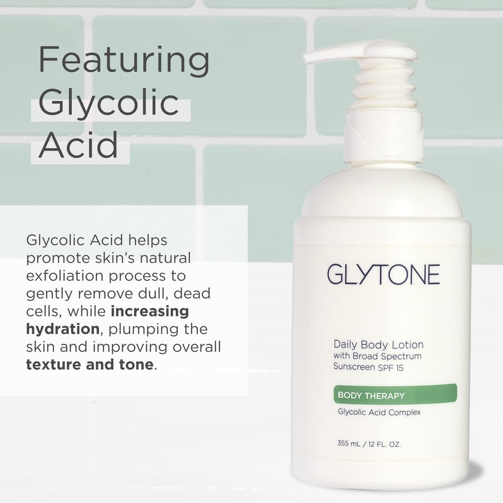 GLYTONE SPF15 label on bottle emphasizing UVA/UVB protection
