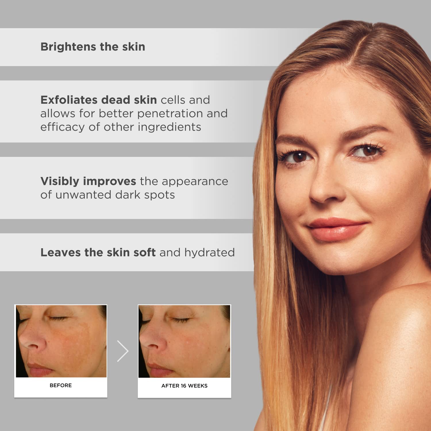 Face and neck application highlights comprehensive brightening for even tone.