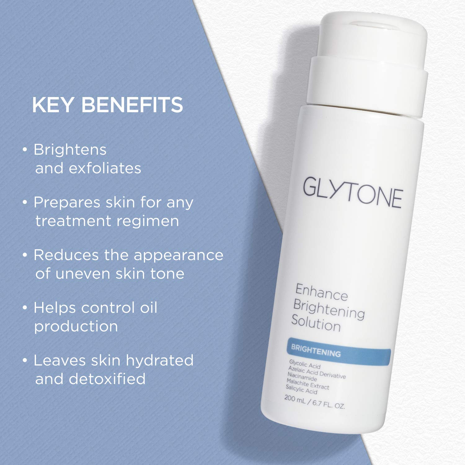 GLYTONE Enhance Brightening Solution bottle close-up highlighting premium formula.